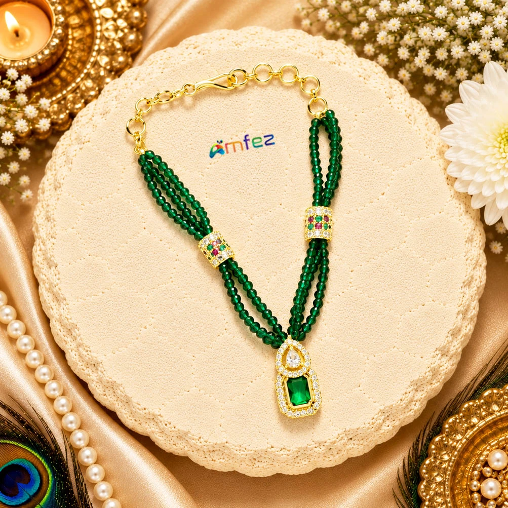Green AD Stone Pearl Beads Work Necklace (3.5 Inch )