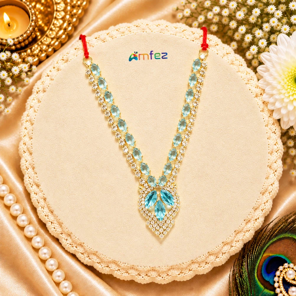 Golden SkyBlue CZ Stone Work Necklace