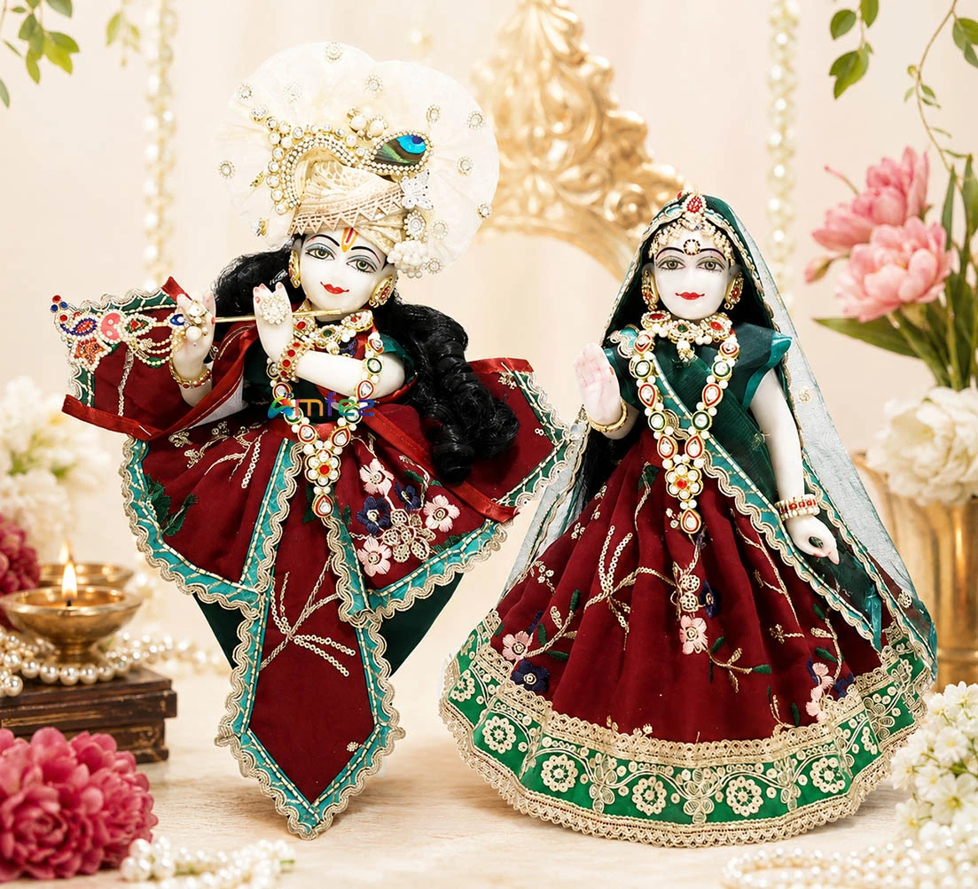 Amfez Maroon & Green Sitara Embroidery Lace Work Radha Krishna Dress