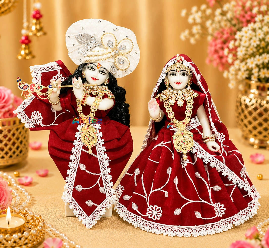 Amfez Red Thread Embroidery Lace Work Radha Krishna Dress
