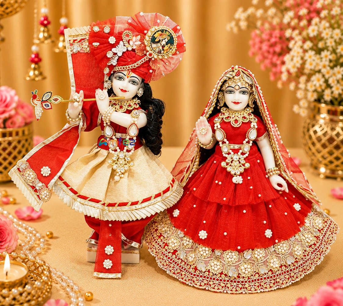 Beautiful Red Mirror Embroidery Lace Work Radha Krishna Dress