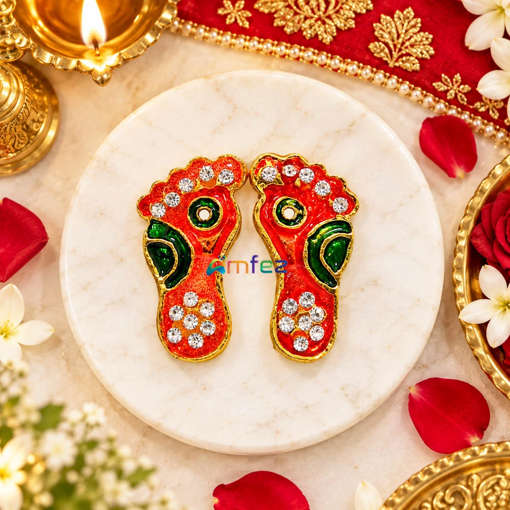 A Pair of Red Meenakari & Stone Laxmi Ji Charan ( 1 Inch )
