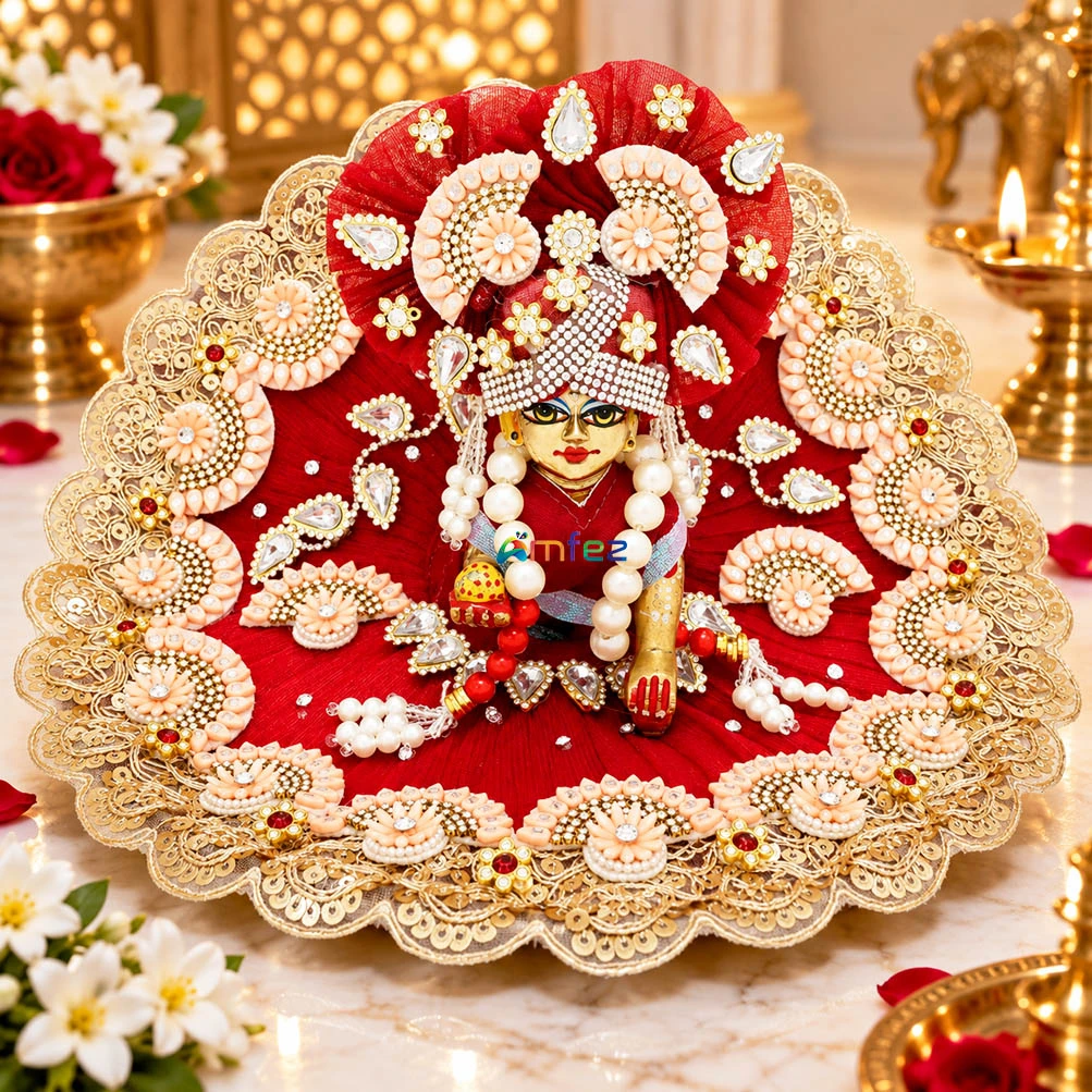 Designer Maroon Heavy Stone Patch Lace Work Laddu Gopal Dress With Pugdi