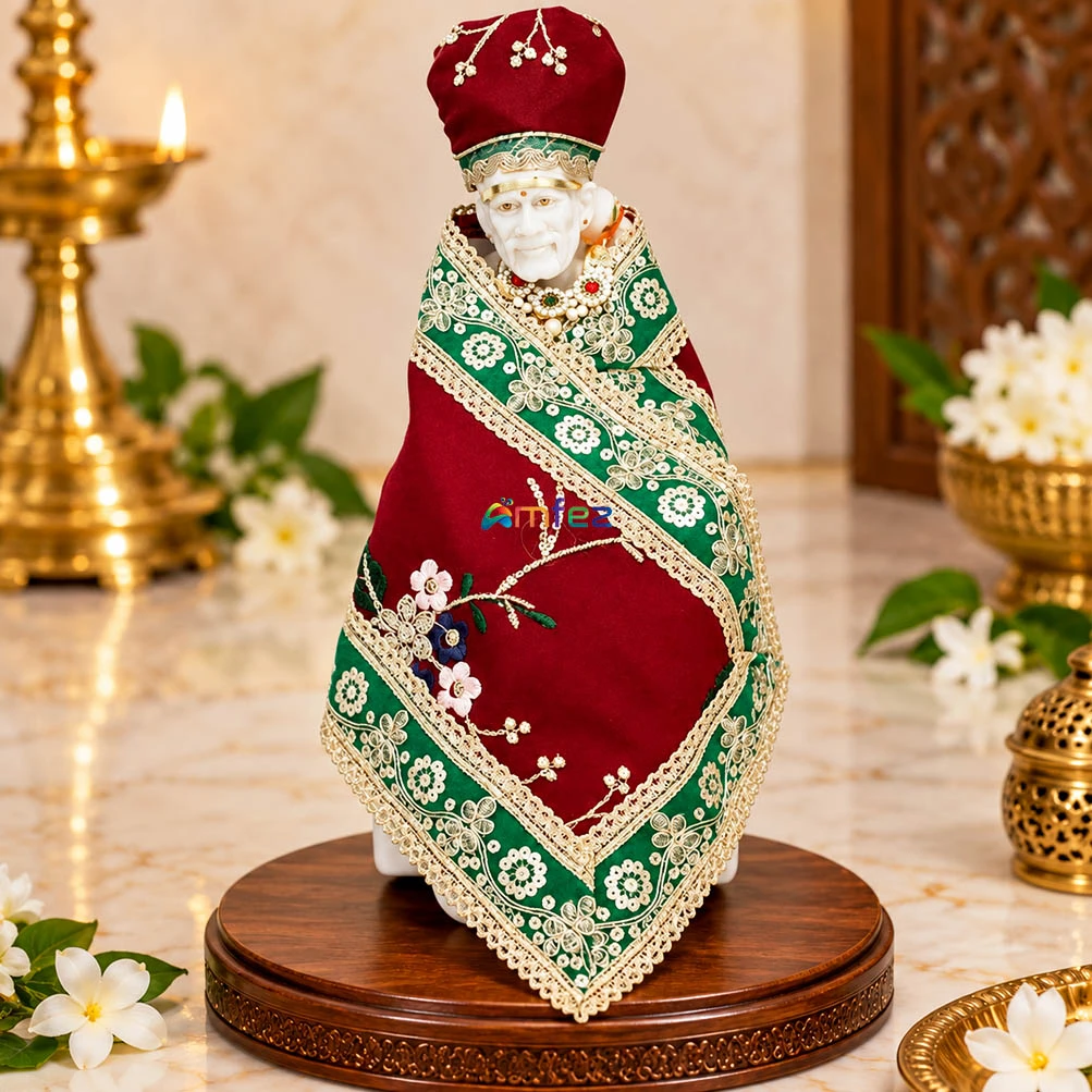 Amfez Maroon & Green Sitara Embroidery Lace Work Sai Baba Dress