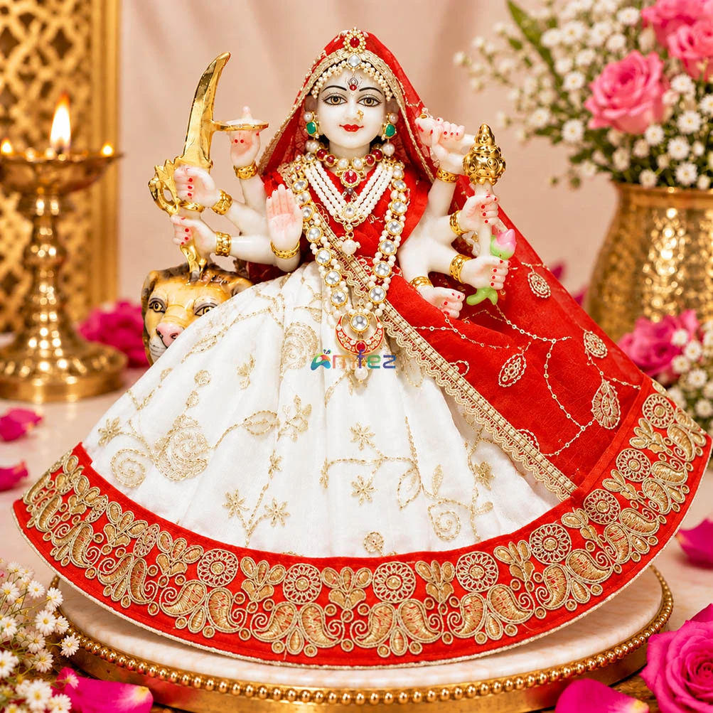 Amfez Red & White Embroidery Lace Work Durga Ji Dress