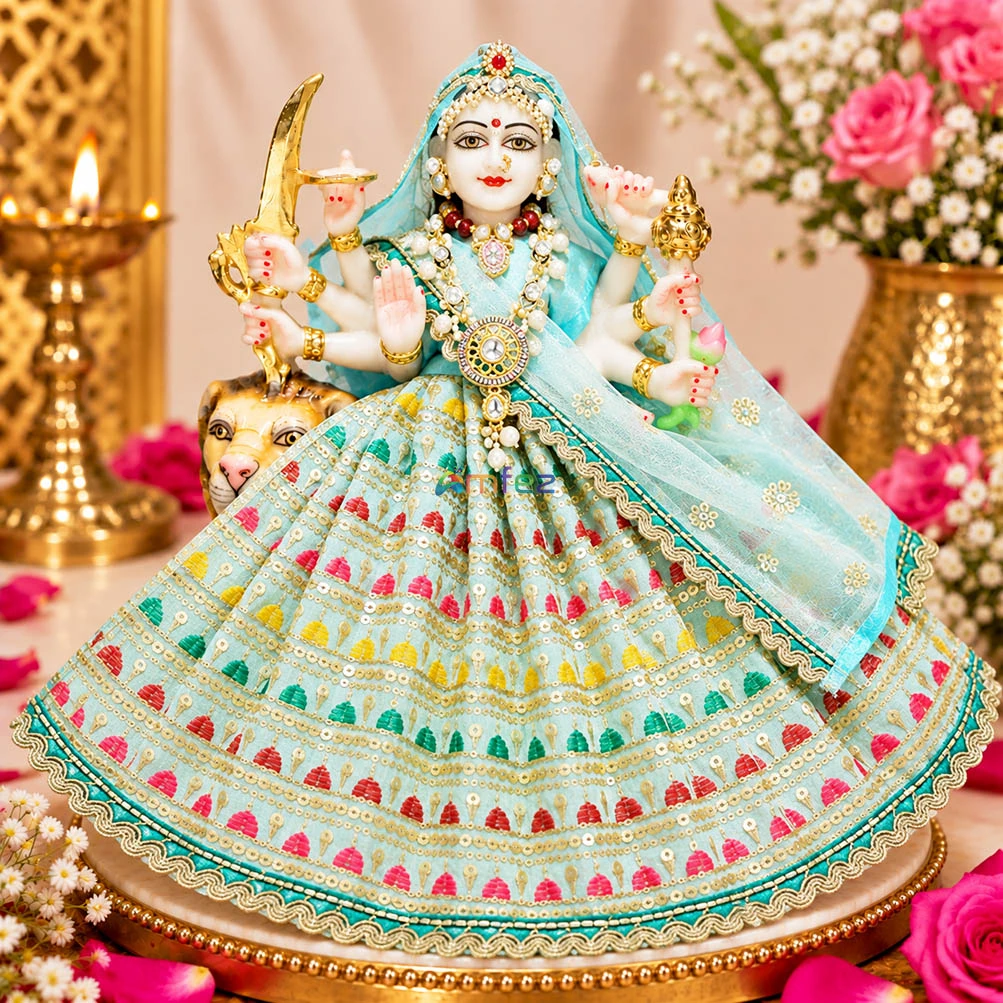 Amfez Durga Ji SkyBlue Embroidery Lace Work Dress