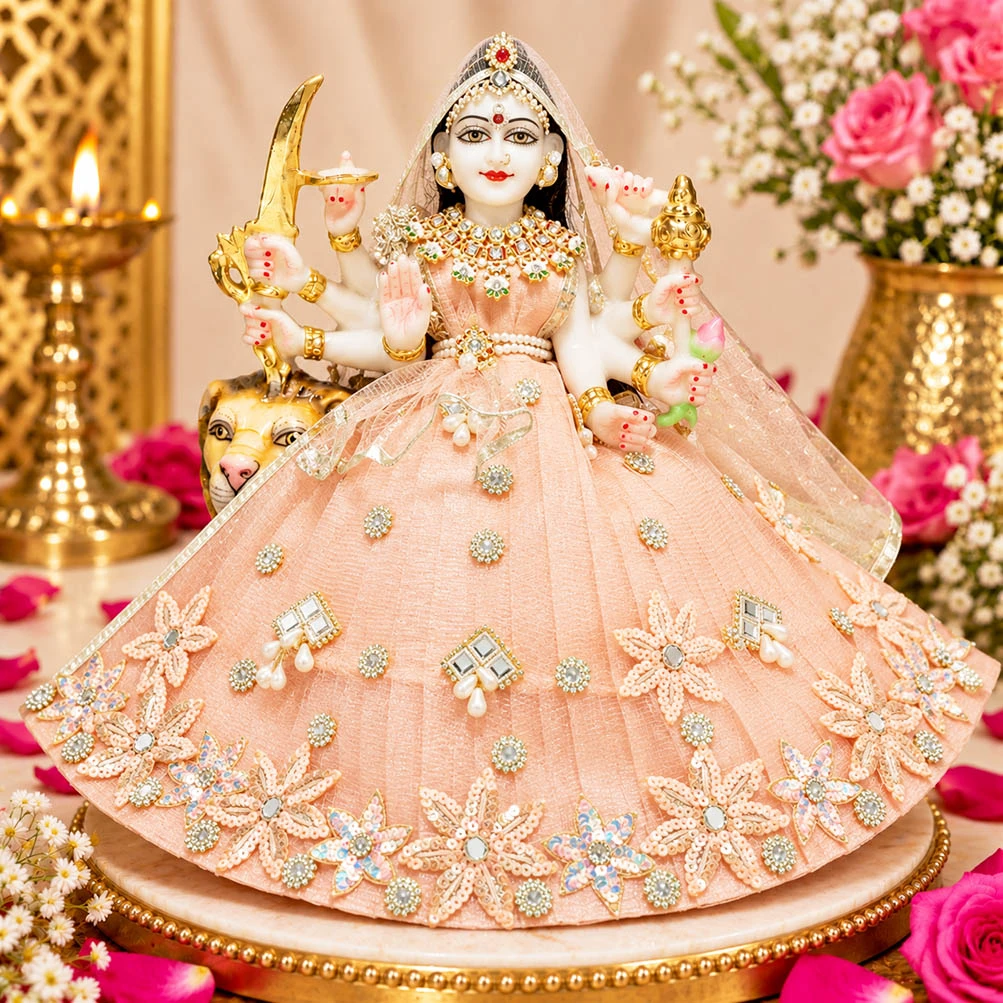 Beautiful Peach Hand Embroidery Patch Work Durga Ji Dress