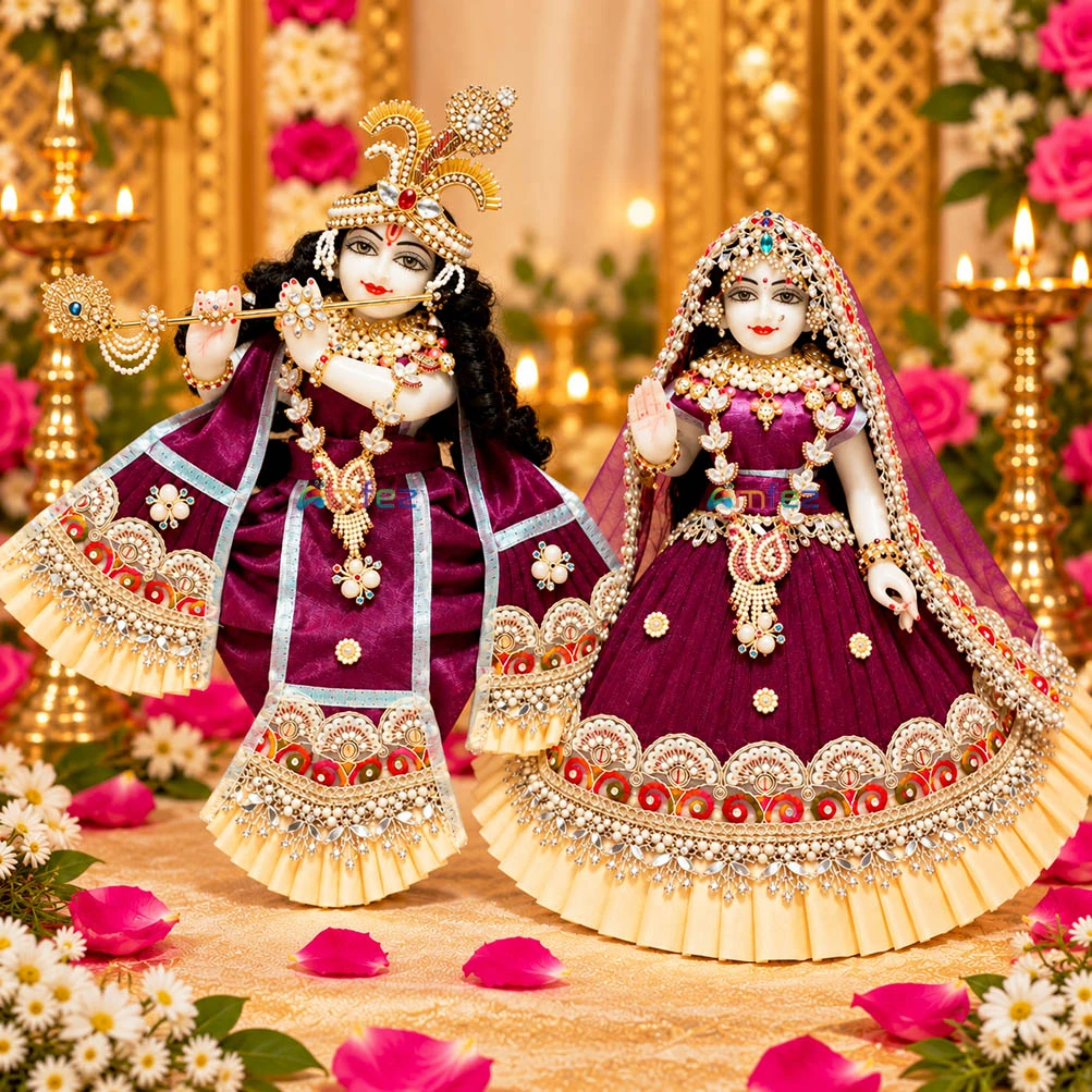 Designer Wine Multi Mirror Embroidery Lace Work Radha Krishna Dress
