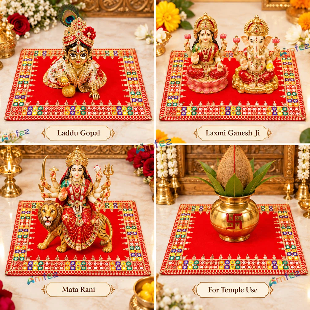 Red Multi Sitara Embroidery Border Lace Work Pooja Aasan