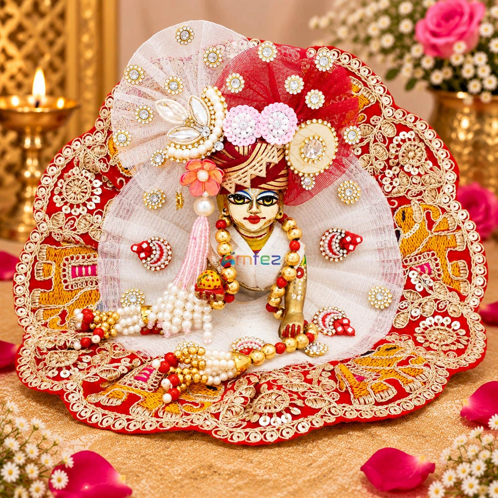 Designer White Red Embroidery Lace Work Laddu Gopal Dress