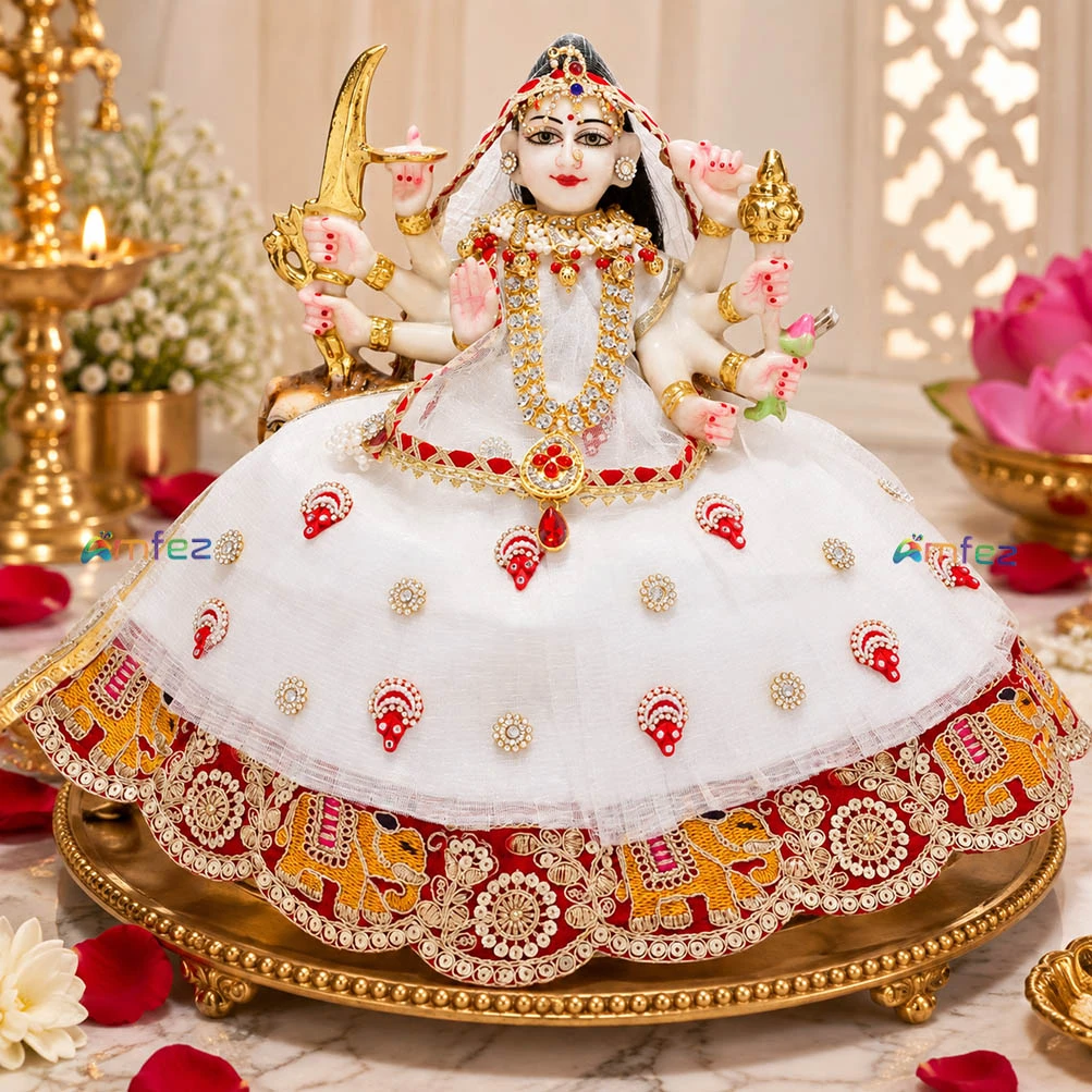 Designer Red & White Embroidery Lace Work Durga Ji Dress