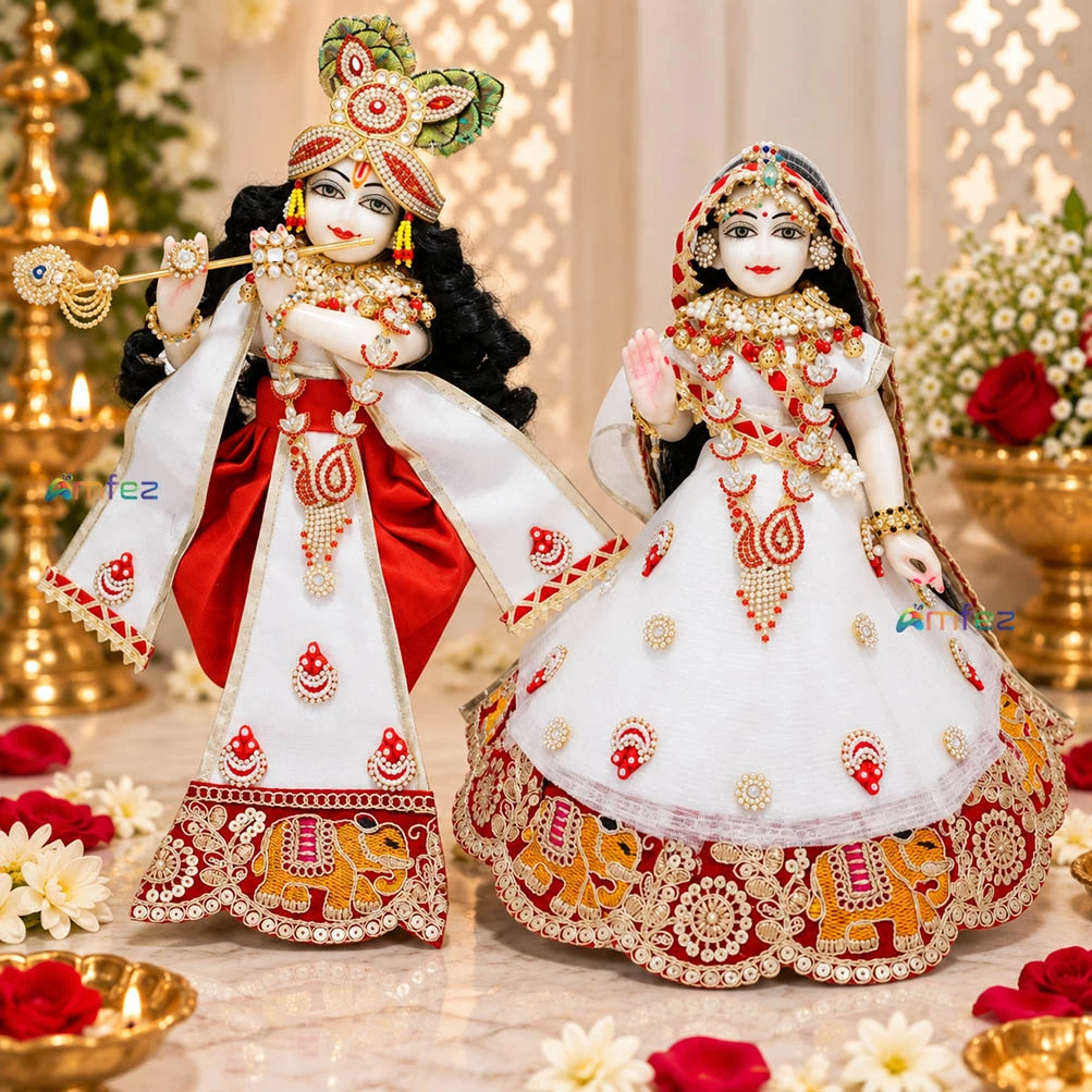 Designer White Red Embroidery Lace Work Radha Krishna Dress