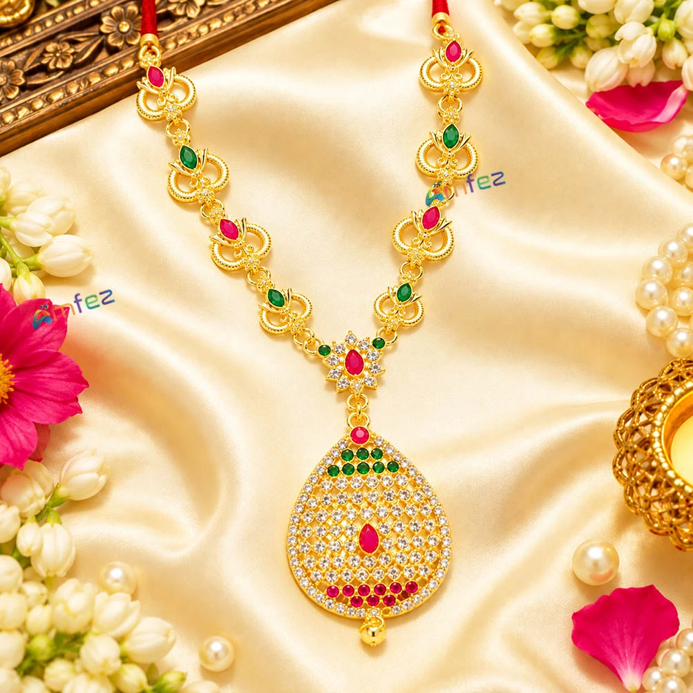 Elegant Golden Meena  Stone Work Long Necklace/Mala (6 Inch )