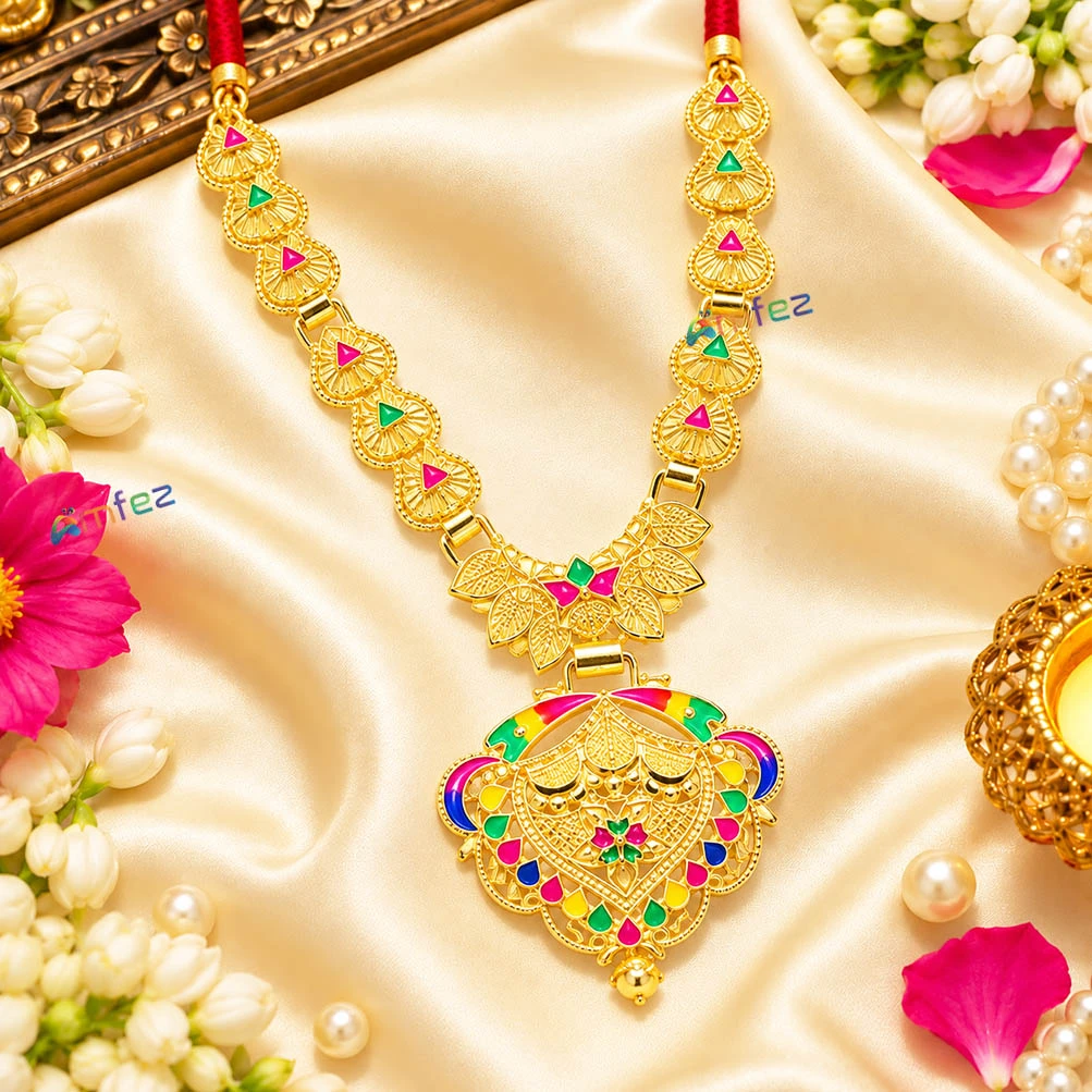 Elegant Golden Meena Work Long Necklace/Mala ( 4.5 & 9 Inch )