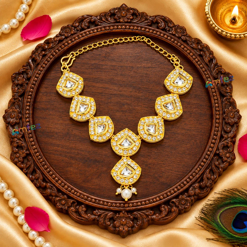 Beautiful Golden White Stone Work Necklace ( 3.5 Inch )