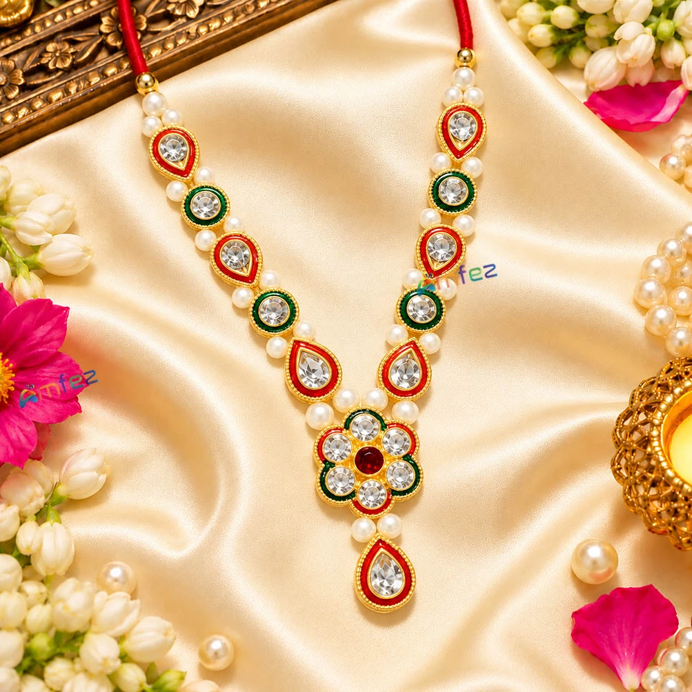 Golden Multi Kundan Pearl Beads Work Long Mala ( 4 Inch )