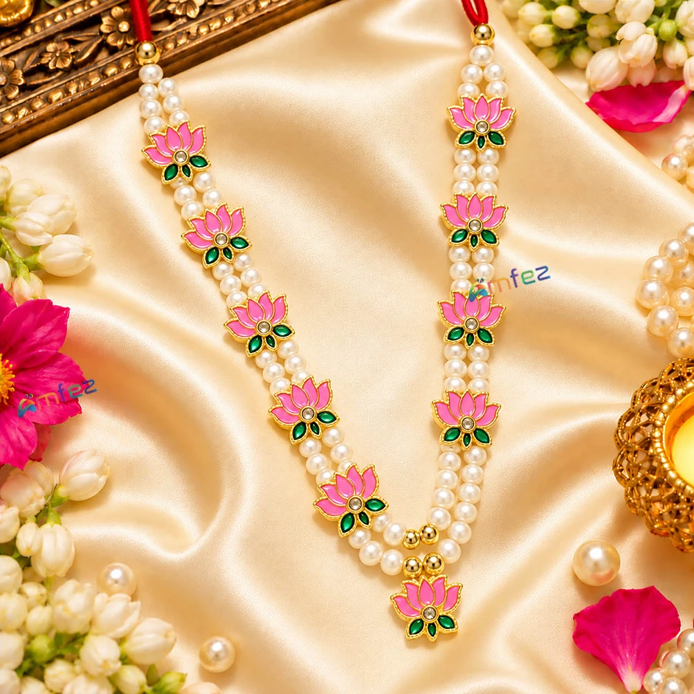 Beautiful Pink Lotus Meena Pearl Beads Long Mala ( 5 Inch )