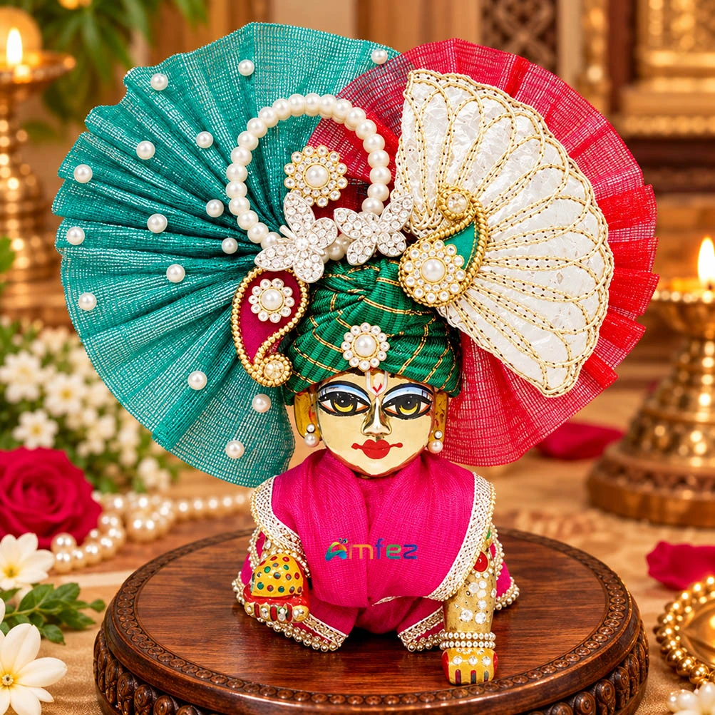 Laddu Gopal Green & Red Stone Patch Work Designer Pugdi