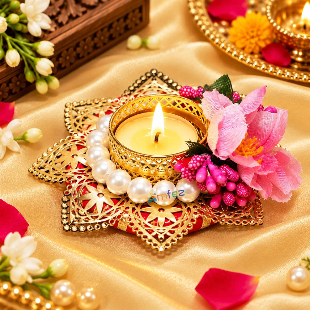 Pink Flower Pearl Work Tea-light Candle