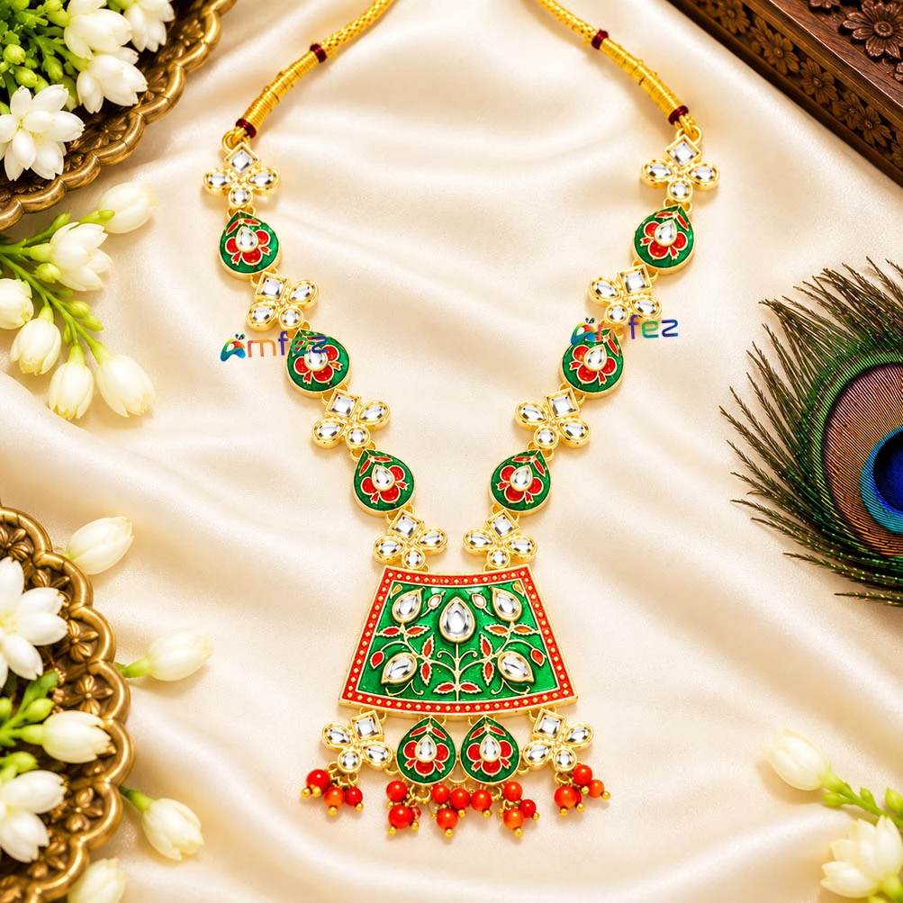Beautiful Green Multi Kundan Meena Beads Necklace ( 6 Inch )