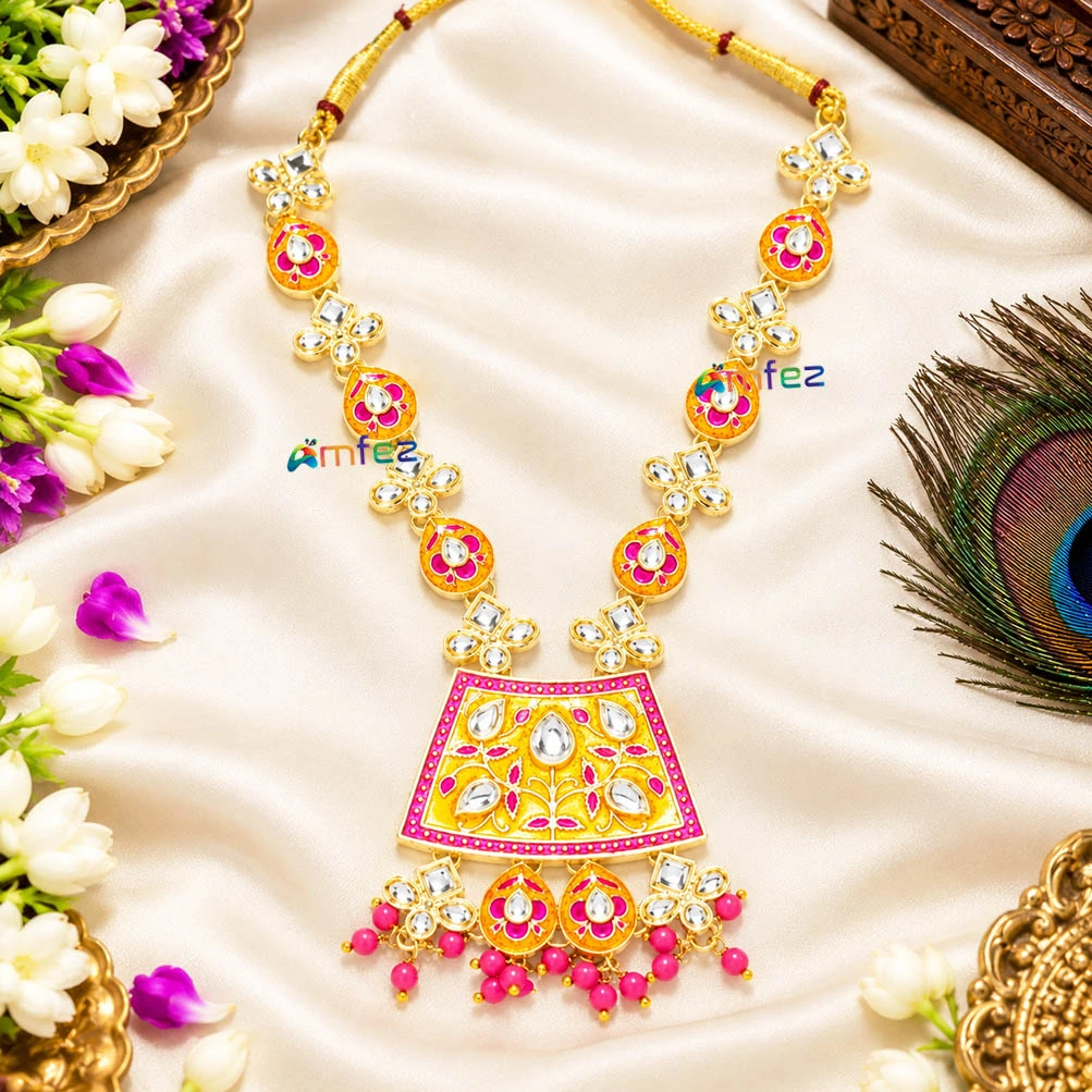 Beautiful Yellow Multi Kundan Meena Beads Necklace ( 6 Inch )