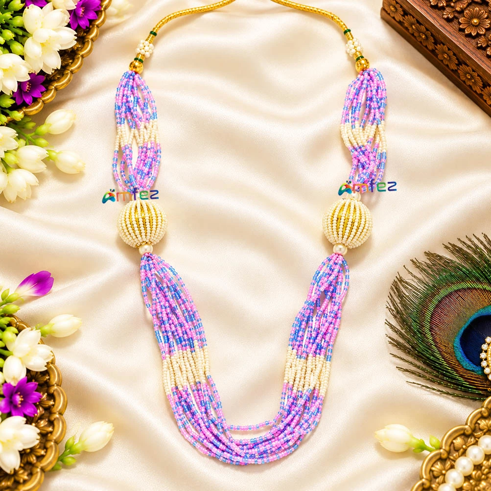 Elegant Purple White Pearl Beads Work Necklace/ Mala ( 8 Inch )