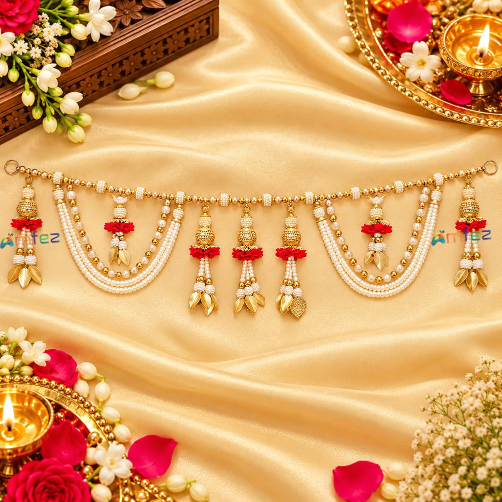 Elegant Golden White Pearl Beads Work Bhandhanwar ( Length : 36 Inch )