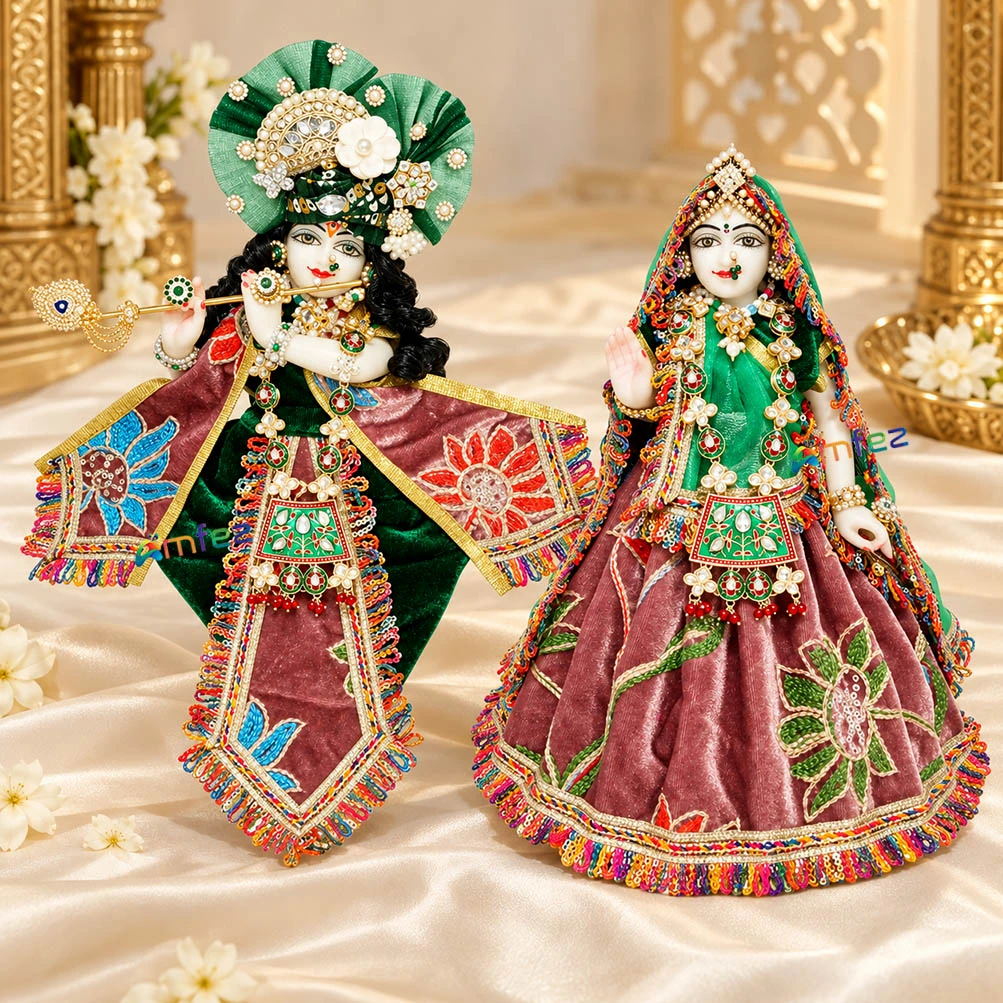 Amfez Gajri Green Shaneel Embroidery Lace Work Radha Krishna Dress