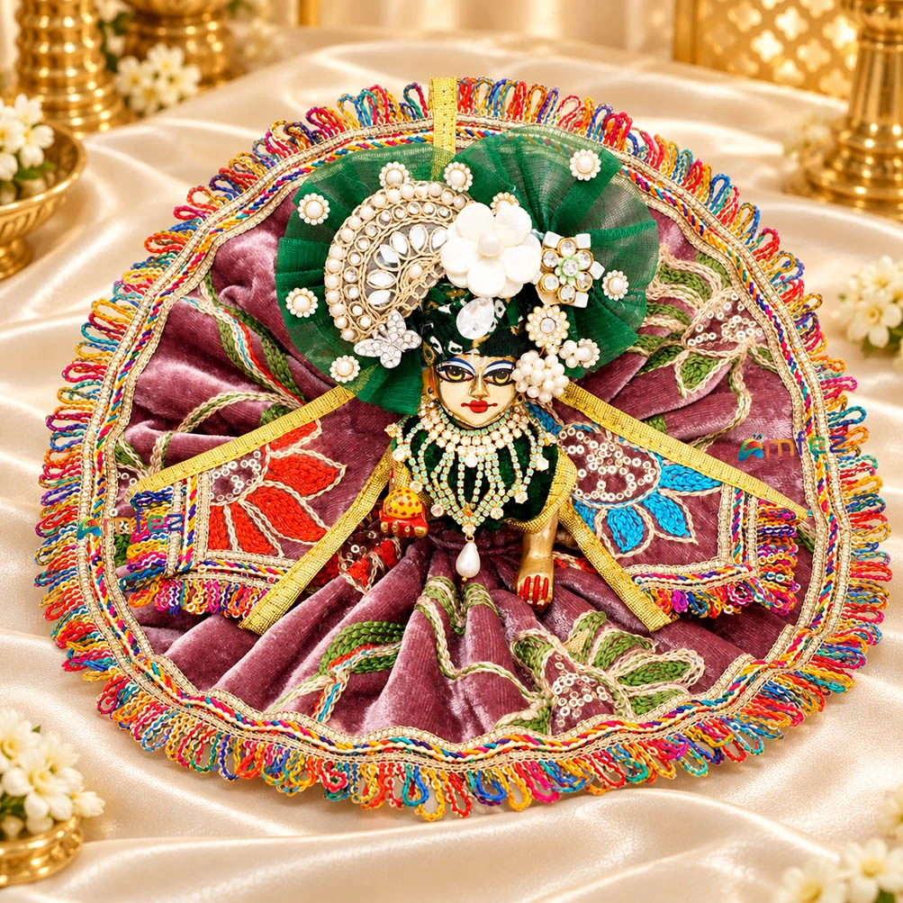 Amfez Gajri Green Shaneel Embroidery Lace Work Laddu Gopal Dress