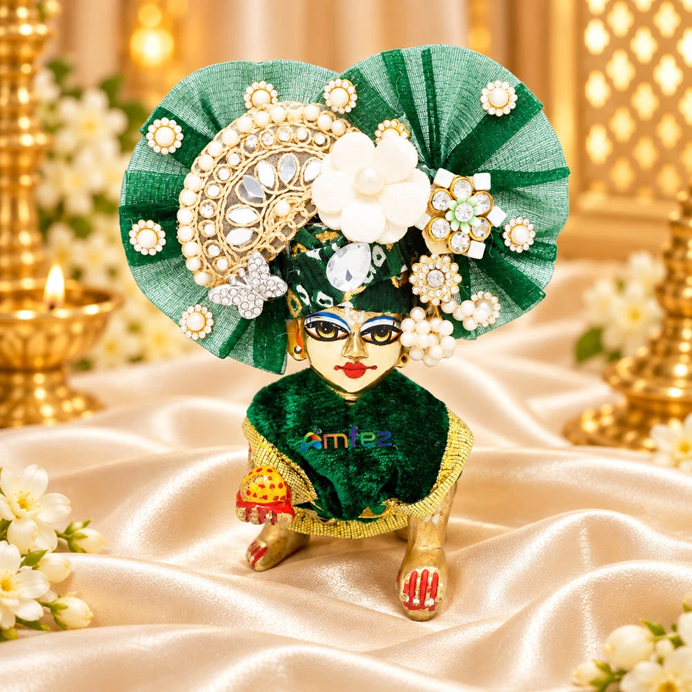 Laddu Gopal Green Stone Pearl Patch Work Designer Pugdi