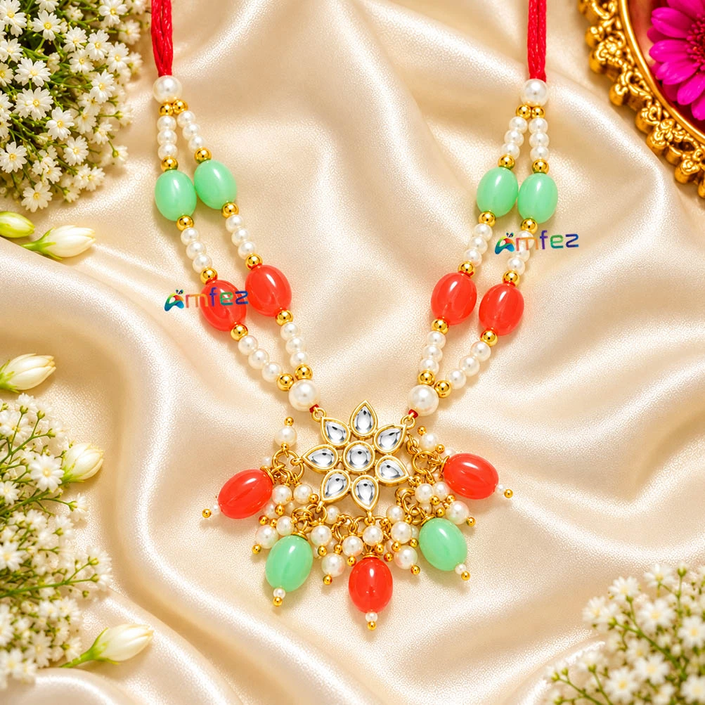 Beautiful Sea Green & Red Kundan Pearl Beads Necklace ( 3.5 Inch )