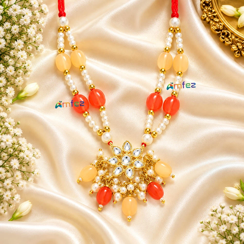 Beautiful Peach & Red Kundan Pearl Beads Necklace ( 3.5 Inch )