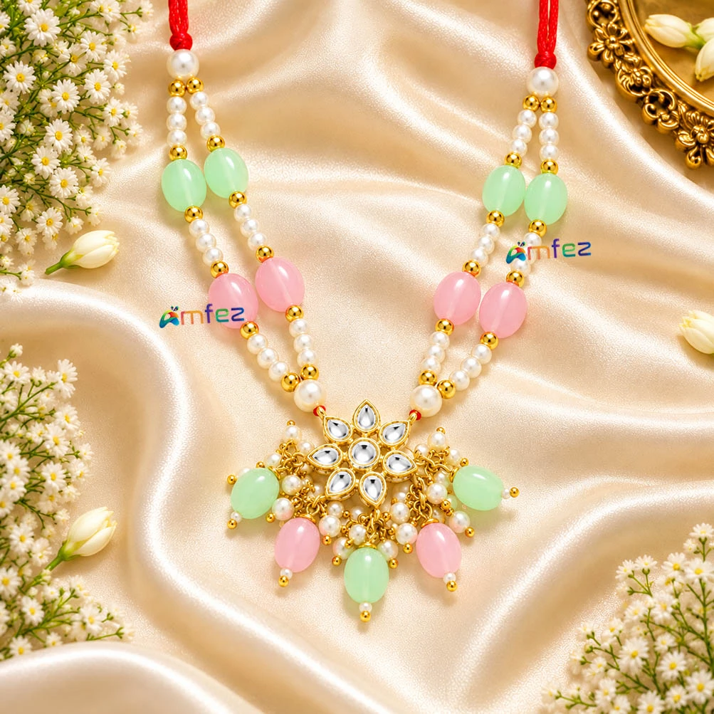 Beautiful Sea Green & Pink Kundan Pearl Beads Necklace ( 3.5 Inch )