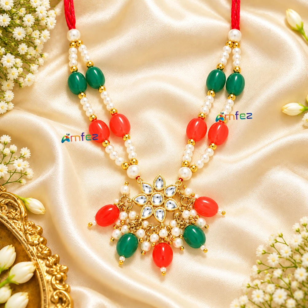 Beautiful Green & Red Kundan Pearl Beads Necklace ( 3.5 Inch )
