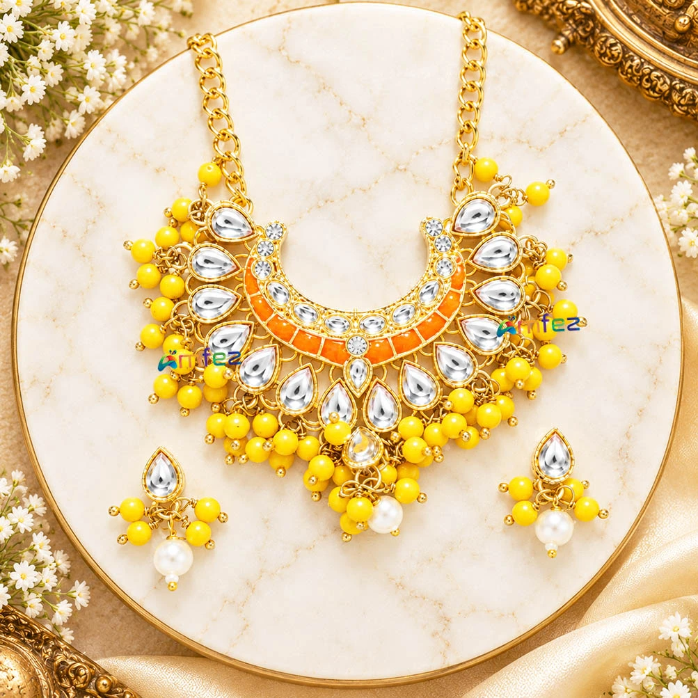 Beautiful Orange Heavy Kundan Meena Beads Necklace With Earrings (Large)