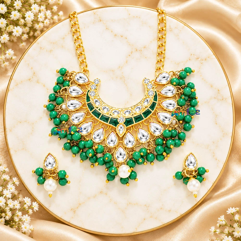 Beautiful Green Heavy Kundan Meena Beads Necklace With Earrings (Large)