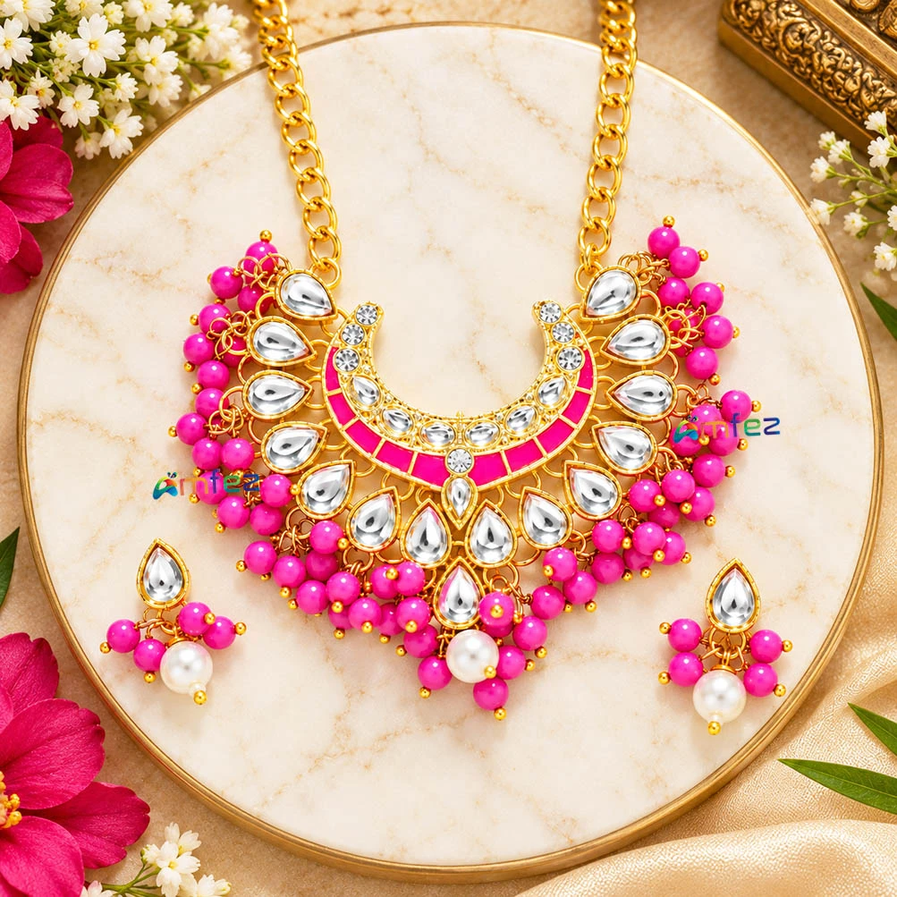 Beautiful Rani Heavy Kundan Meena Beads Necklace With Earrings (Large)