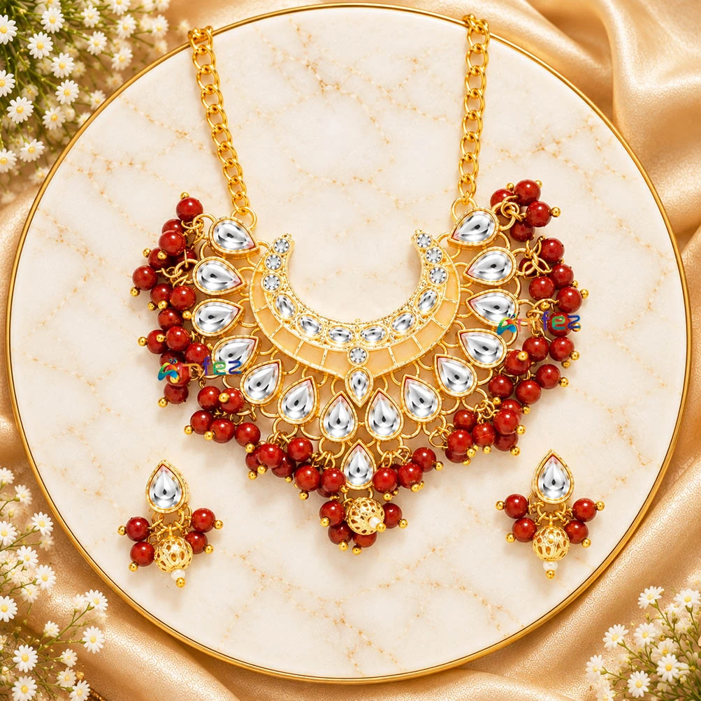 Beautiful Red Heavy Kundan Meena Beads Necklace With Earrings (Large)
