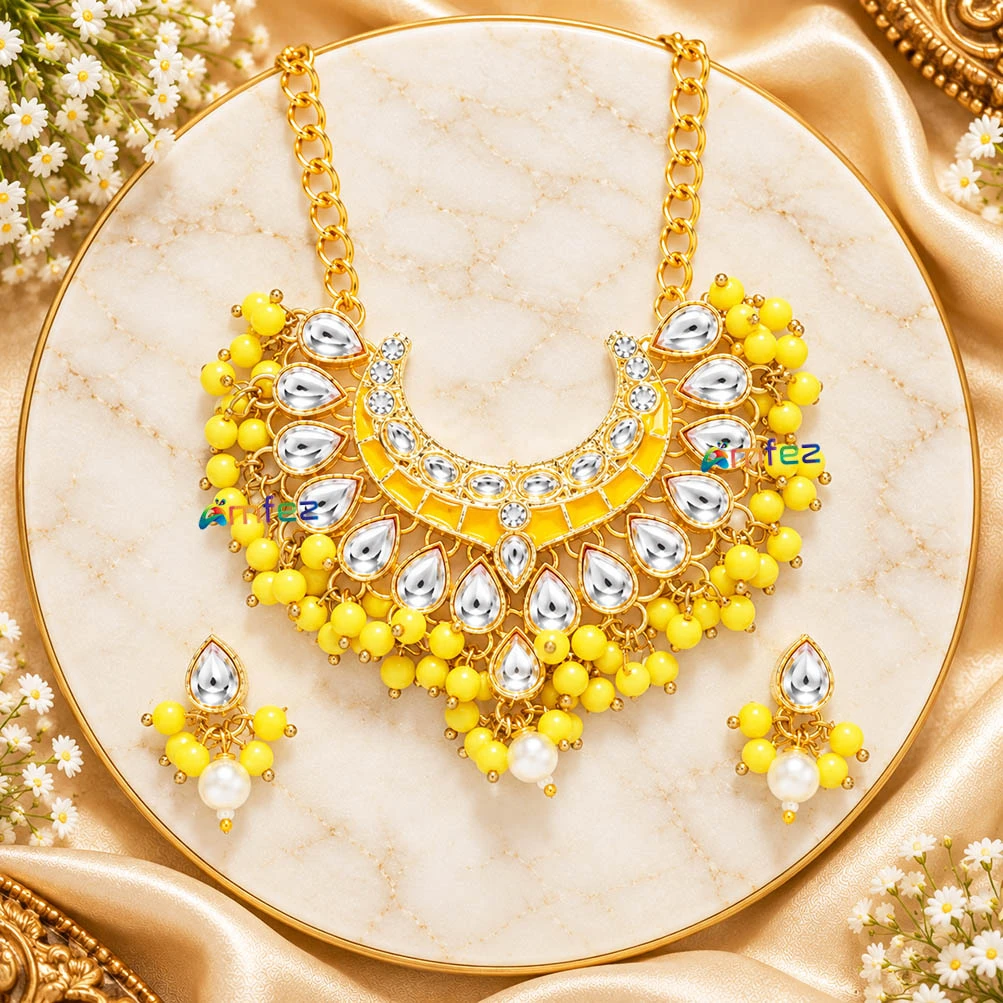 Beautiful Yellow Heavy Kundan Meena Beads Necklace With Earrings (Large)