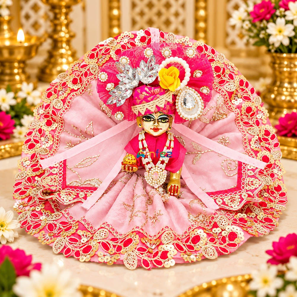 Amfez Rani Pink Embroidery Lace Work Laddu Gopal Dress