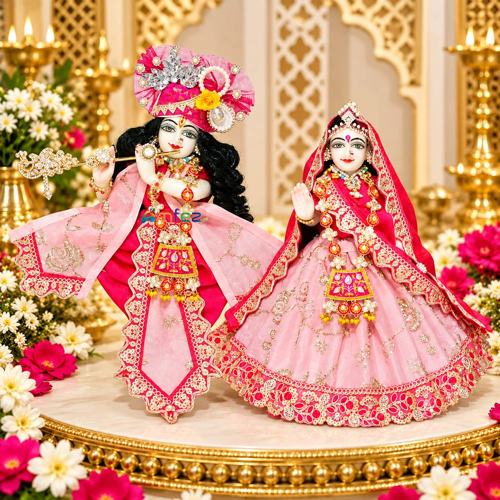 Amfez Rani Pink Embroidery Lace Work Radha Krishna Dress