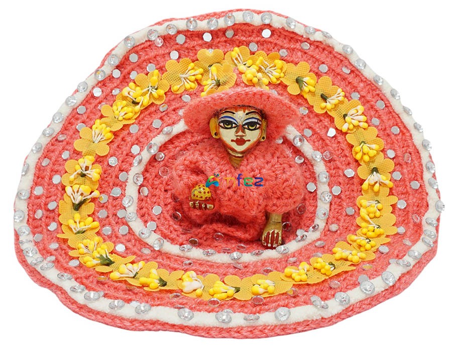 Laddu Gopal Gajri Stone Flower Work Woolen Dress With Cap