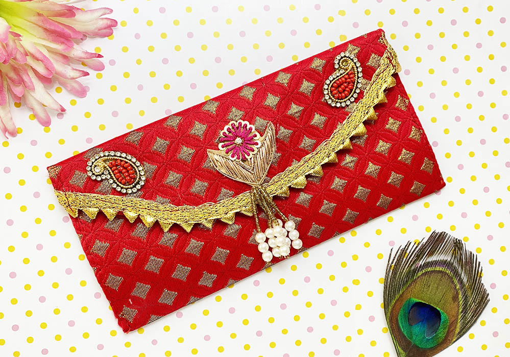 Red Stone Patch Work Designer Shagun Envelope