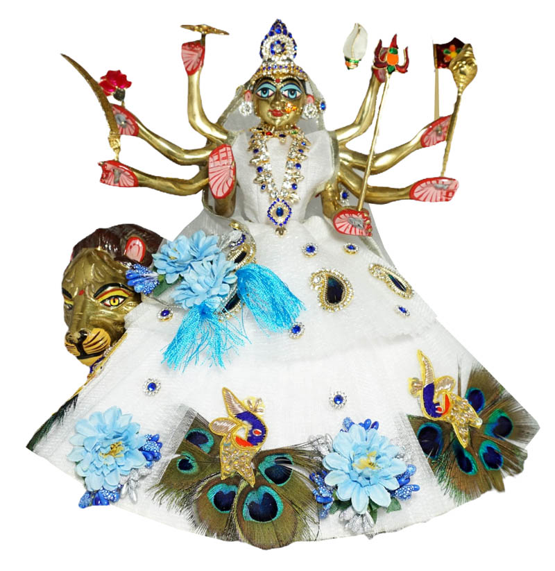 White Sky Blue Flower Peacock Patch Stone Work Durga Ji Dress