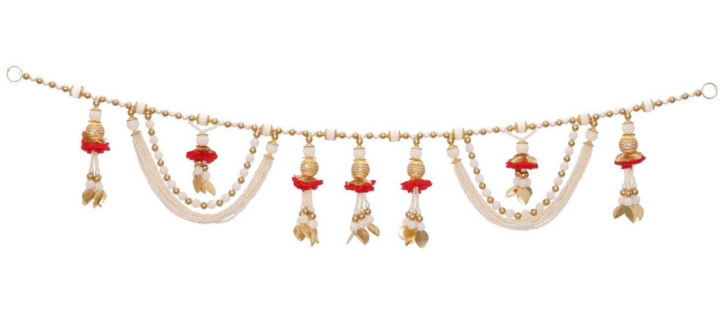 Elegant Golden White Pearl Beads Work Bhandhanwar ( Length : 36 Inch )