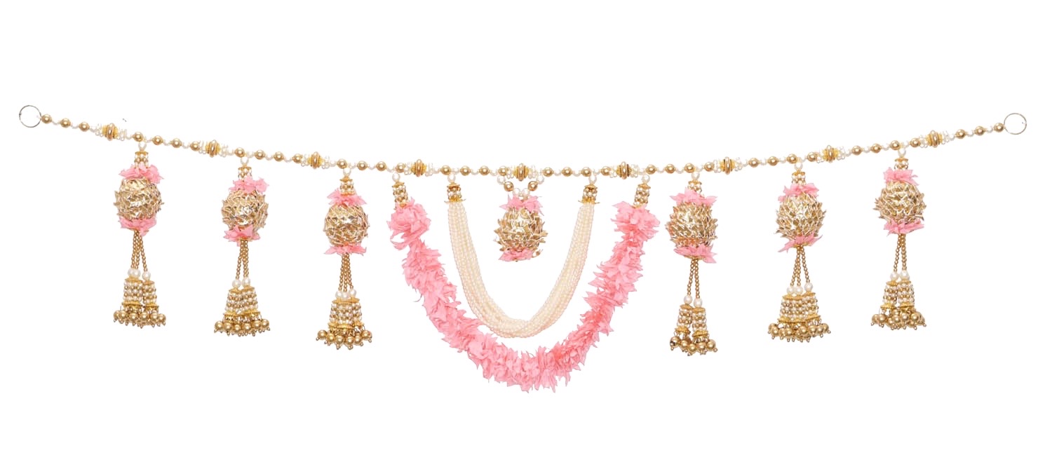 Elegant Golden Pink Pearl Flower Work Bhandhanwar ( Length : 36 Inch )