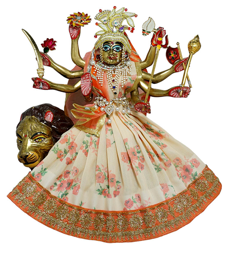 Amfez Peach Printed Machine Embroidery Lace Durga ji Dress