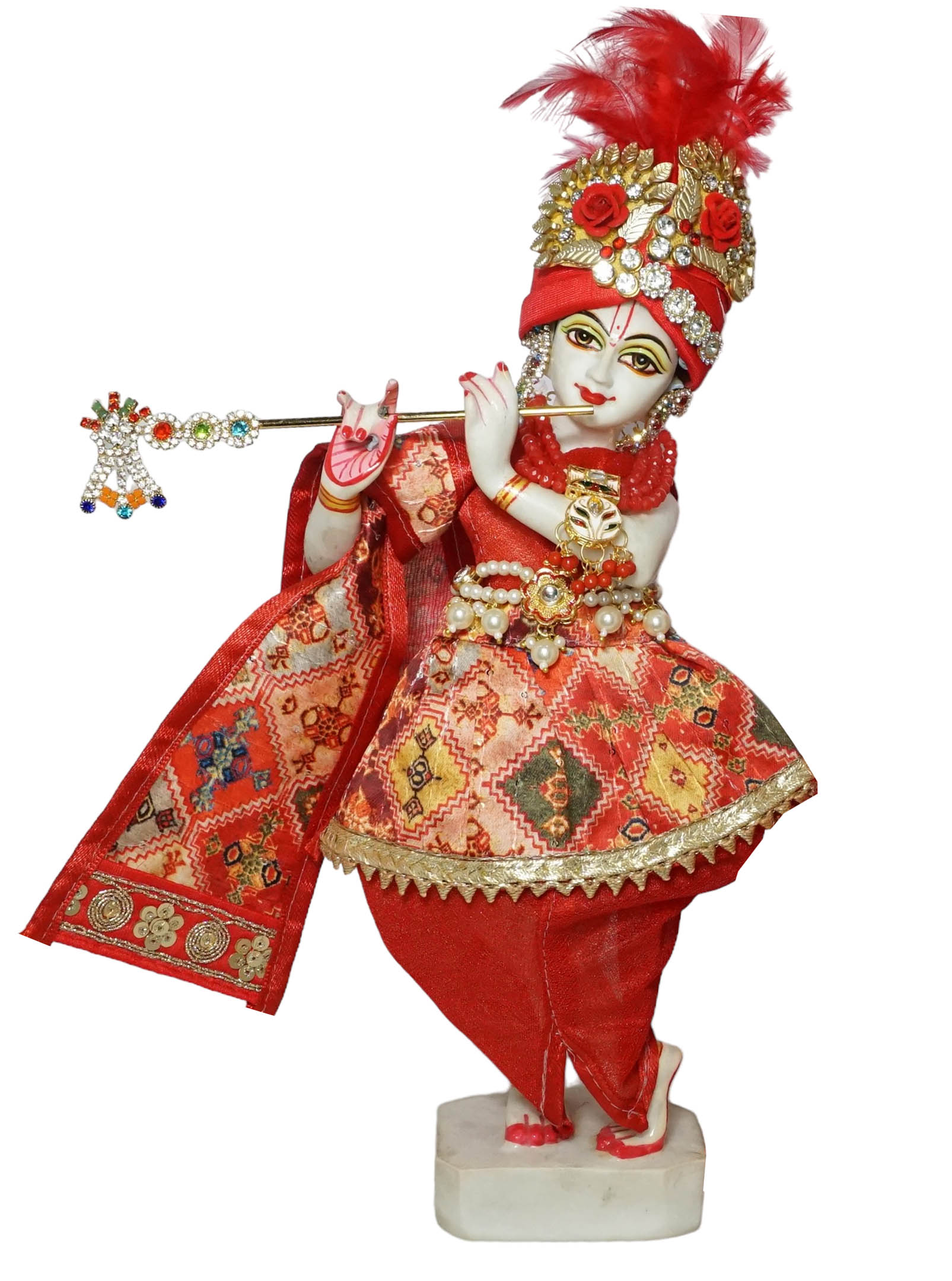 Amfez Red Printed Embroidery Lace Work Krishna Dress