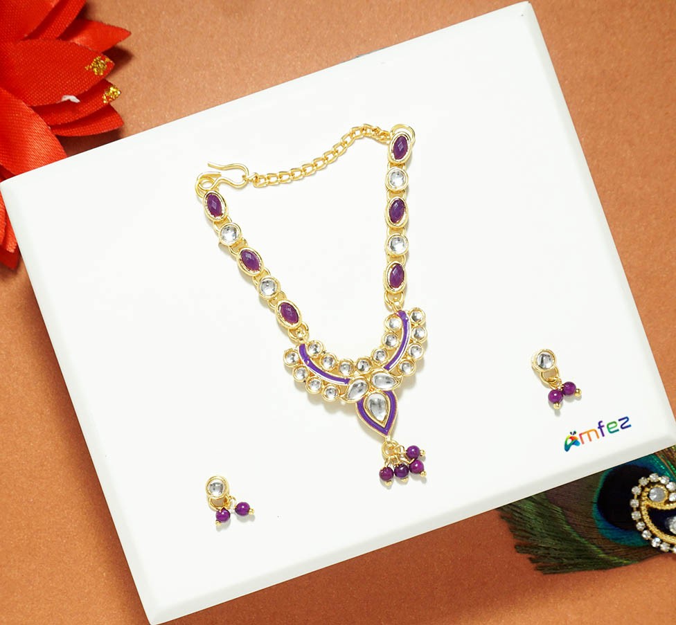 Purple Kundan Meena Work Long Necklace ( 3 Inch )