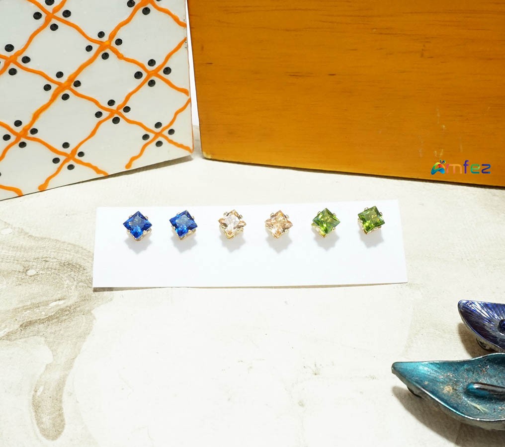 Pair of Three Multi Square Shape Stone Earrings